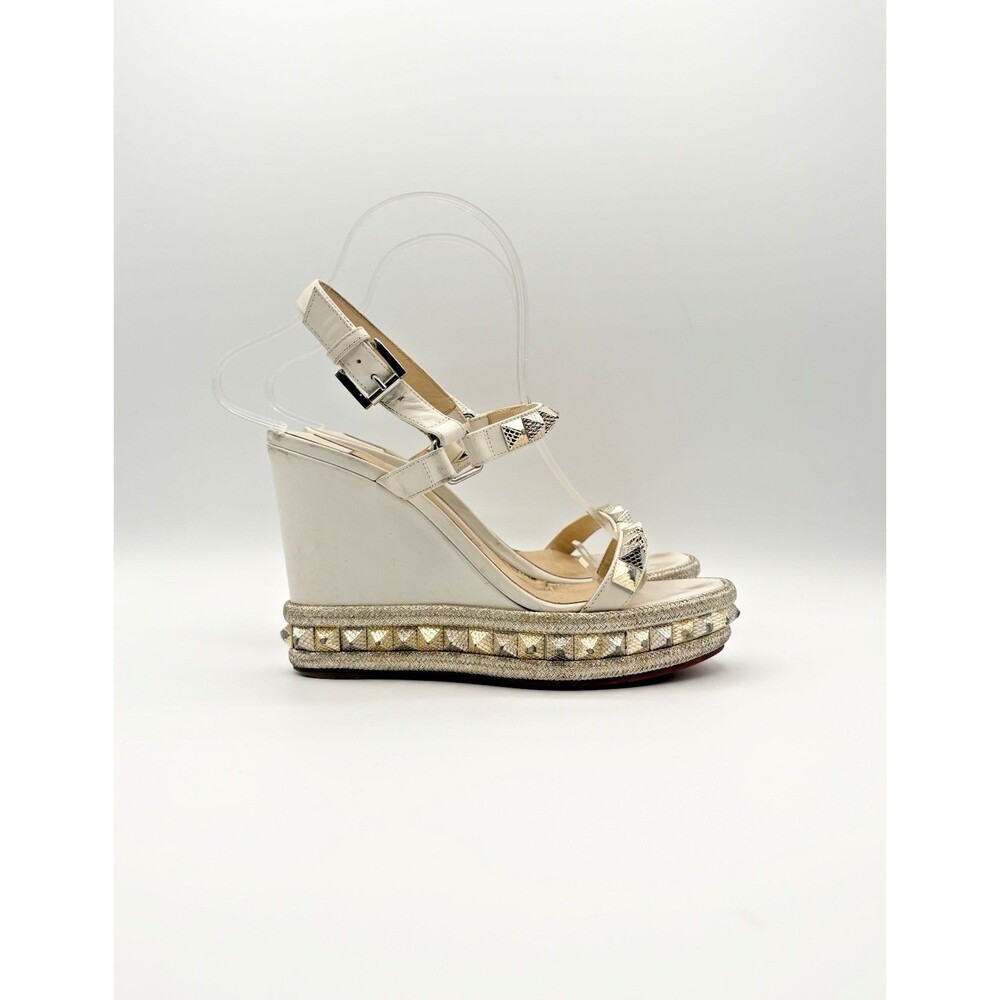 Christian Louboutin White Leather Stud Pyraclou Wedge Espadrilles Size EU 36